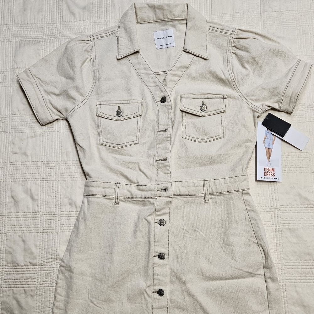 Celebrity Pink Cream Button-Up Denim Dress, Size Large *New With Tags*